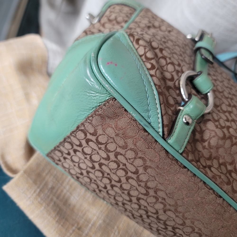 Coach Brown Signature Canvas Tote with Mint Trim and Straps - Picture 10 of 12